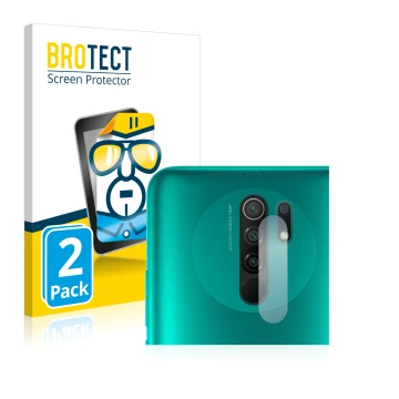 Front side of a product packaging with the brand logo BROTECT. Next to it is the device Xiaomi Redmi 9 (ONLY Camera Lens) show