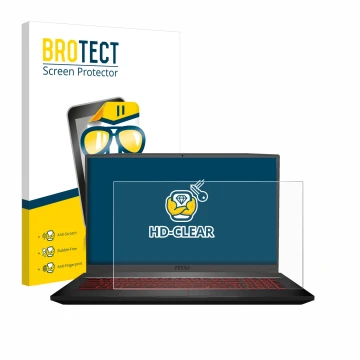 Front side of a product packaging with the brand logo BROTECT. Next to it is the device MSI GF75 10SDR-234 shown with the corr