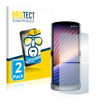Front side of a product packaging with the brand logo BROTECT. Next to it is the device Motorola Razr 5G 2020 shown with the c