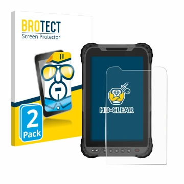 Front side of a product packaging with the brand logo BROTECT. Next to it is the device GeoMax Zenius 800 shown with the corre