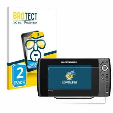 Front side of a product packaging with the brand logo BROTECT. Next to it is the device Humminbird Helix 9 G2N shown with the 