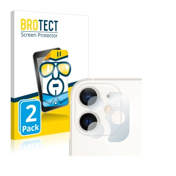 Front side of a product packaging with the brand logo BROTECT. Next to it is the device Apple iPhone 12 mini (ONLY Camera Lens