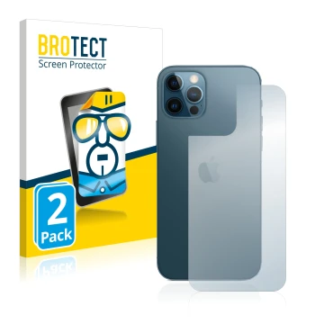 Front side of a product packaging with the brand logo BROTECT. Next to it is the device Apple iPhone 12 Pro (Back) shown with 