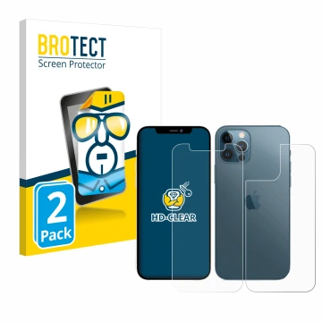 Front side of a product packaging with the brand logo BROTECT. Next to it is the device Apple iPhone 12 Pro (Front+Back) shown