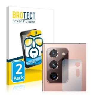 Front side of a product packaging with the brand logo BROTECT. Next to it is the device Samsung Galaxy Note 20 Ultra (ONLY Cam