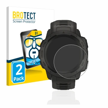 Front side of a product packaging with the brand logo BROTECT. Next to it is the device Garmin Instinct Solar shown with the c