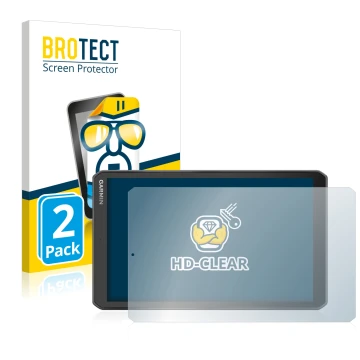 Front side of a product packaging with the brand logo BROTECT. Next to it is the device Garmin Camper 890 shown with the corre