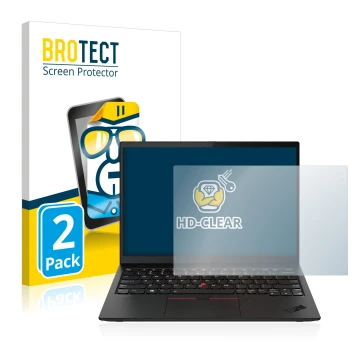 Front side of a product packaging with the brand logo BROTECT. Next to it is the device Lenovo ThinkPad X1 Nano shown with the