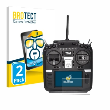 Front side of a product packaging with the brand logo BROTECT. Next to it is the device Radiomaster TX16S shown with the corre