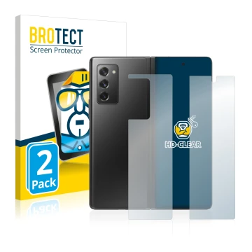 Front side of a product packaging with the brand logo BROTECT. Next to it is the device Samsung Galaxy Z Fold 2 5G (Front+Back