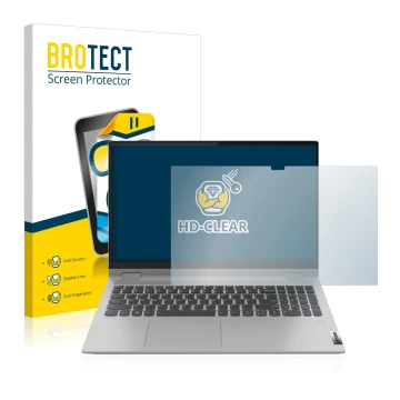 Front side of a product packaging with the brand logo BROTECT. Next to it is the device Lenovo IdeaPad Flex 5 15