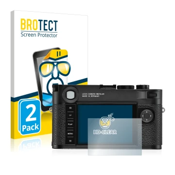 Front side of a product packaging with the brand logo BROTECT. Next to it is the device Leica M10-R shown with the correspondi