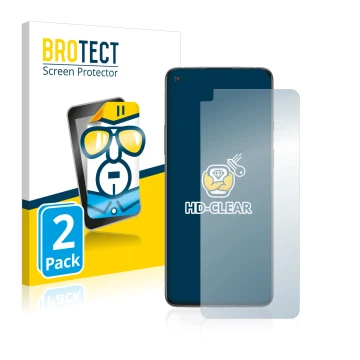 Front side of a product packaging with the brand logo BROTECT. Next to it is the device OnePlus 8T shown with the correspondin