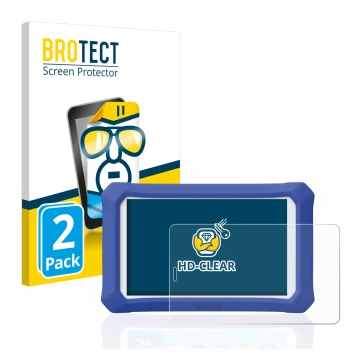 Front side of a product packaging with the brand logo BROTECT. Next to it is the device Clementoni Clempad 9 Plus shown with t