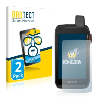 Front side of a product packaging with the brand logo BROTECT. Next to it is the device Garmin Montana 700i shown with the cor