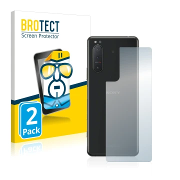 Front side of a product packaging with the brand logo BROTECT. Next to it is the device Sony Xperia 5 II (Back) shown with the