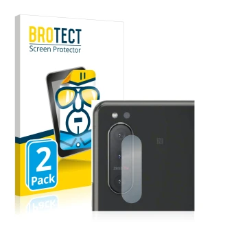 Front side of a product packaging with the brand logo BROTECT. Next to it is the device Sony Xperia 5 II (ONLY Camera Lens) sh