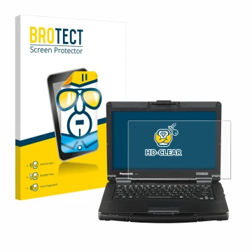 Front side of a product packaging with the brand logo BROTECT. Next to it is the device Panasonic Toughbook FZ-55 Full HD show