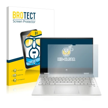 Front side of a product packaging with the brand logo BROTECT. Next to it is the device HP Pavilion x360 (14-dwX) shown with t