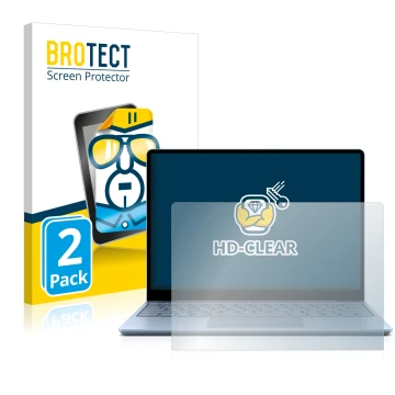 Front side of a product packaging with the brand logo BROTECT. Next to it is the device Microsoft Surface Laptop Go shown with