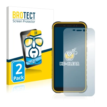 Front side of a product packaging with the brand logo BROTECT. Next to it is the device Ulefone Armor X8 shown with the corres