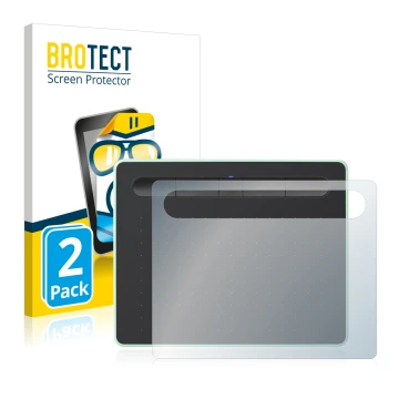 Front side of a product packaging with the brand logo BROTECT. Next to it is the device Wacom Intuos S Bluetooth shown with th