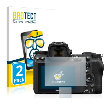 Front side of a product packaging with the brand logo BROTECT. Next to it is the device Nikon Z 7 II shown with the correspond