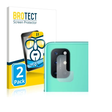 Front side of a product packaging with the brand logo BROTECT. Next to it is the device OnePlus 8T (ONLY Camera Lens) shown wi