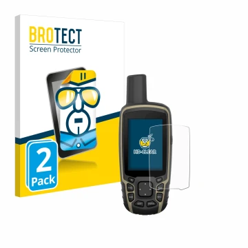 Front side of a product packaging with the brand logo BROTECT. Next to it is the device Garmin GPSMAP 65 shown with the corres