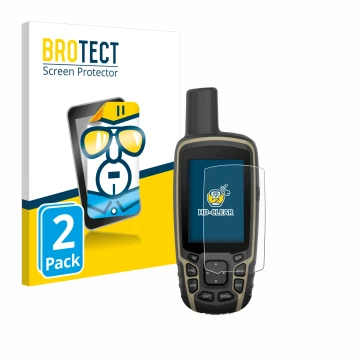 Front side of a product packaging with the brand logo BROTECT. Next to it is the device Garmin GPSMAP 65s shown with the corre