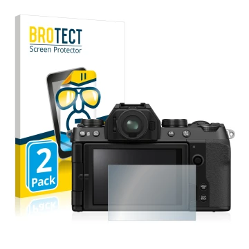 Front side of a product packaging with the brand logo BROTECT. Next to it is the device Fujifilm X-S10 shown with the correspo