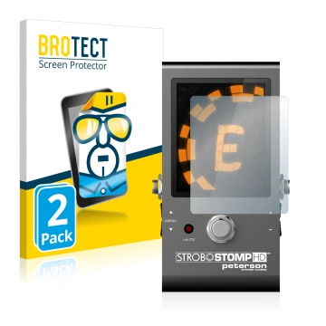 Front side of a product packaging with the brand logo BROTECT. Next to it is the device Peterson Strobostomp HD shown with the