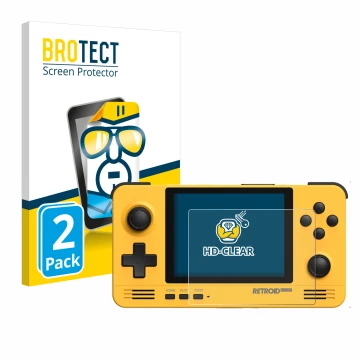 Front side of a product packaging with the brand logo BROTECT. Next to it is the device Retroid Pocket 2 shown with the corres