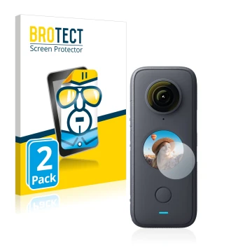Front side of a product packaging with the brand logo BROTECT. Next to it is the device Insta360 One X2 shown with the corresp
