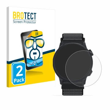 Front side of a product packaging with the brand logo BROTECT. Next to it is the device Coros Pace 2 shown with the correspond