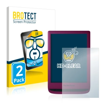 Front side of a product packaging with the brand logo BROTECT. Next to it is the device PocketBook Touch Lux 5 shown with the 