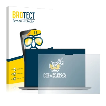 Front side of a product packaging with the brand logo BROTECT. Next to it is the device Dell XPS 17 9700 touch shown with the 