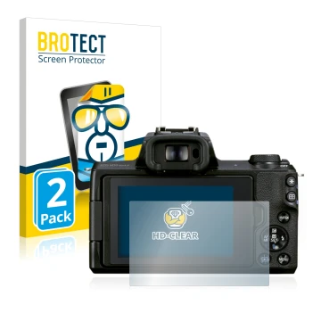 Front side of a product packaging with the brand logo BROTECT. Next to it is the device Canon EOS M50 Mark II shown with the c