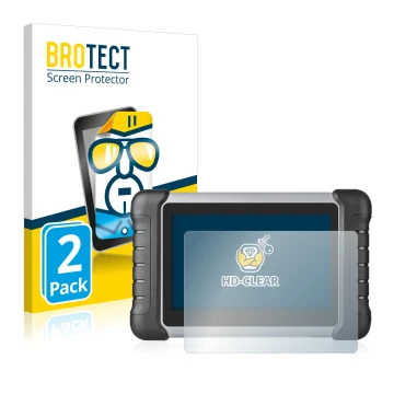 Front side of a product packaging with the brand logo BROTECT. Next to it is the device Autel MaxiCOM MK808 shown with the cor