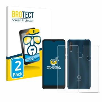 Front side of a product packaging with the brand logo BROTECT. Next to it is the device Alcatel 1S 2020 (Front+Back) shown wit
