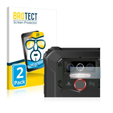 Front side of a product packaging with the brand logo BROTECT. Next to it is the device Oukitel WP5 Pro (ONLY Camera Lens) sho