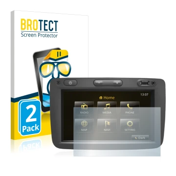 Front side of a product packaging with the brand logo BROTECT. Next to it is the device Dacia Duster 2 2019 Infotainment Syste