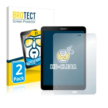 Front side of a product packaging with the brand logo BROTECT. Next to it is the device Samsung Galaxy Tab S3 shown with the c