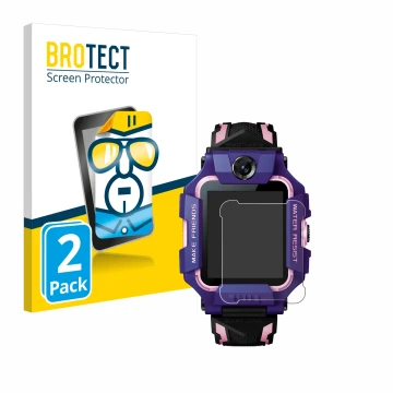 Front side of a product packaging with the brand logo BROTECT. Next to it is the device Imoo Watch Phone Z6 shown with the cor