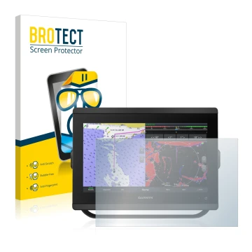 Front side of a product packaging with the brand logo BROTECT. Next to it is the device Garmin GPSMAP 8412xsv shown with the c