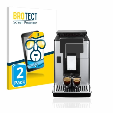 Front side of a product packaging with the brand logo BROTECT. Next to it is the device DeLonghi PrimaDonna Soul ECAM610.75.MB