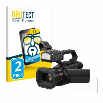 Front side of a product packaging with the brand logo BROTECT. Next to it is the device Panasonic HC-X2000 shown with the corr