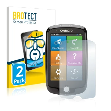 Front side of a product packaging with the brand logo BROTECT. Next to it is the device Mio Cyclo 210 shown with the correspon