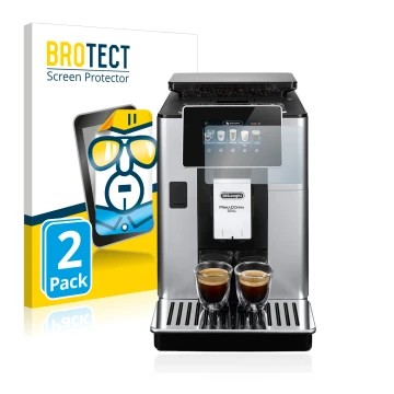 Front side of a product packaging with the brand logo BROTECT. Next to it is the device DeLonghi PrimaDonna Soul ECAM610.55.SB