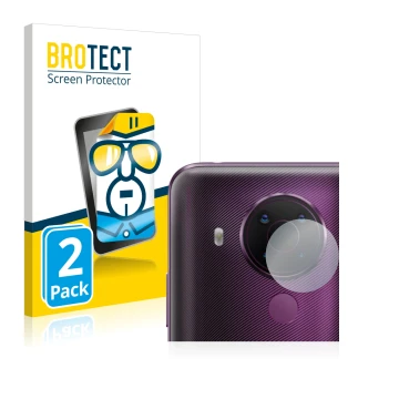 Front side of a product packaging with the brand logo BROTECT. Next to it is the device Nokia 5.4 (ONLY Camera Lens) shown wit